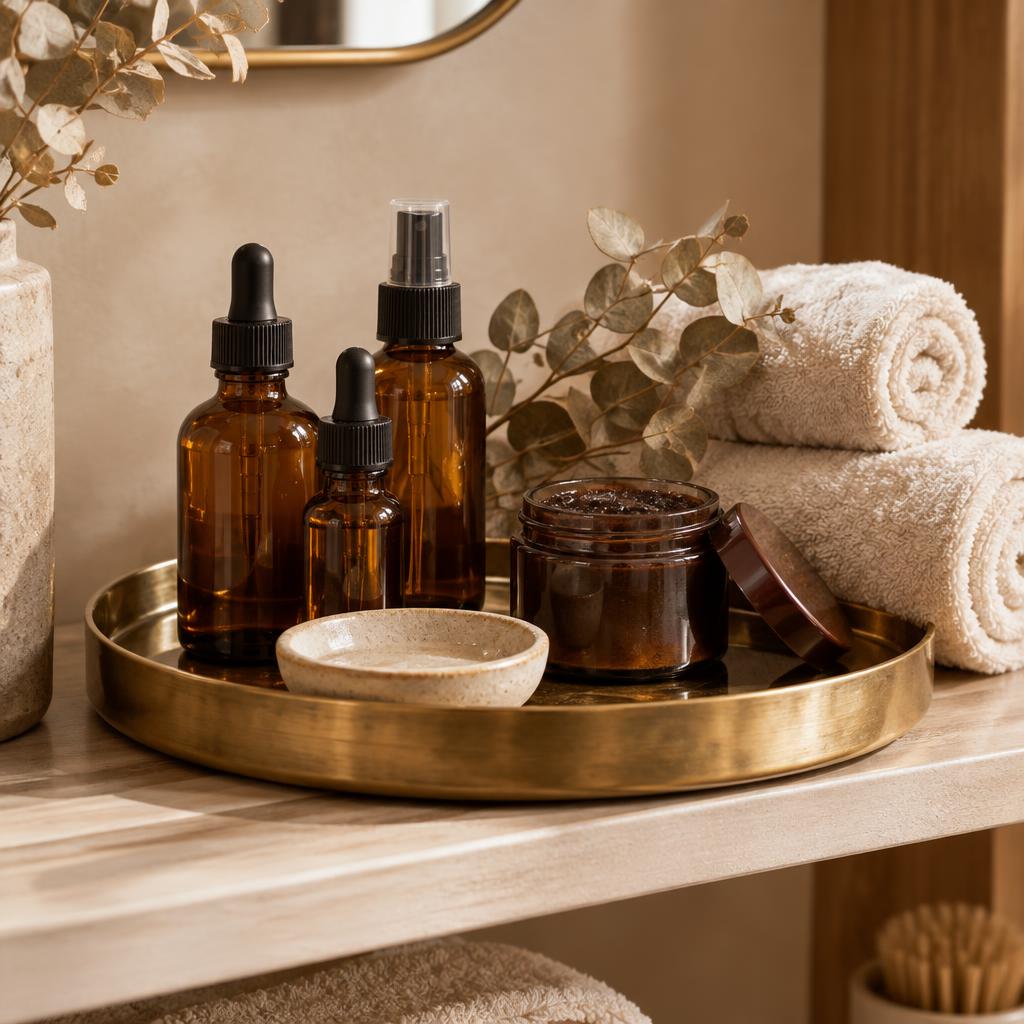 Warm detail of the studio: oils, towels and dried botanicals